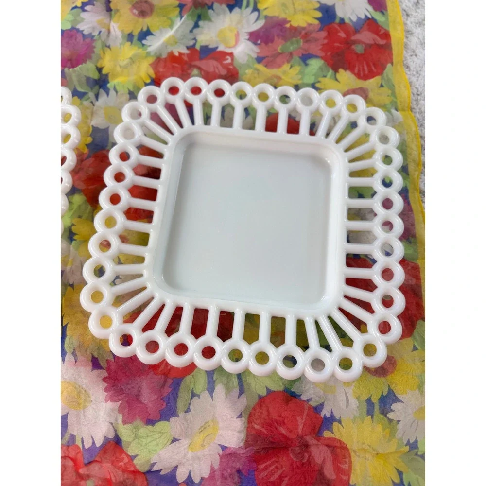 Vintage Westmoreland Milk Glass Open Lace Edge Square Plates Set of 2 White 7in